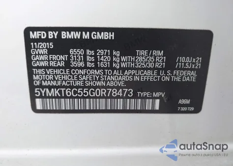 2016 BMW X5 M из США, поврежденный, VIN 5YMKT6C55G0R78473